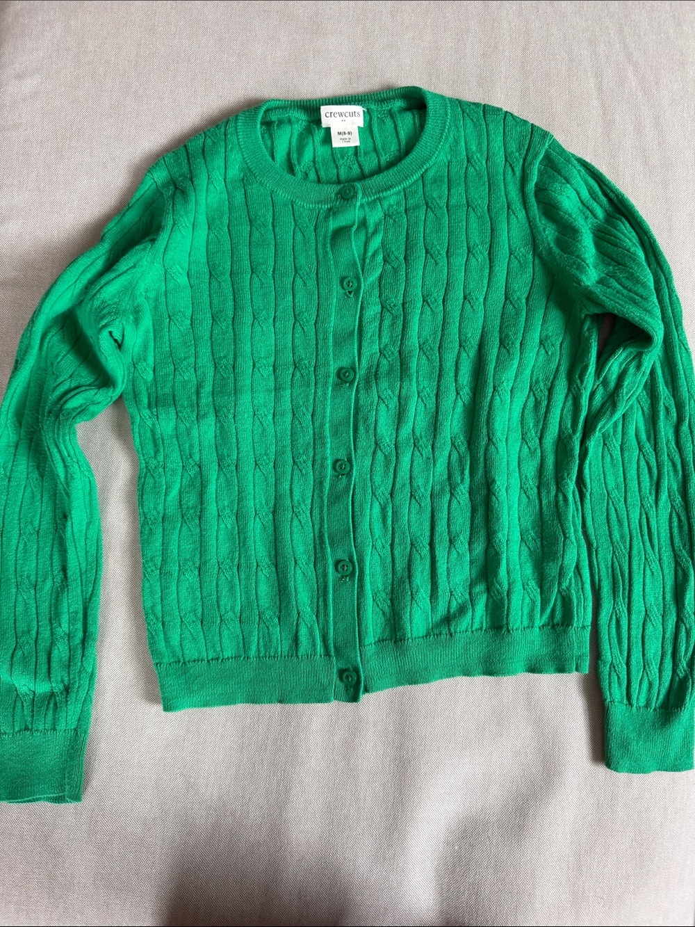 Crewcuts Girls' Green Cable Knit Button Cardigan, size medium (8-9).